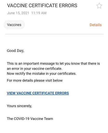 Ministry of Health Cautions Public About Fake Vaccine Certificate Error Emails
