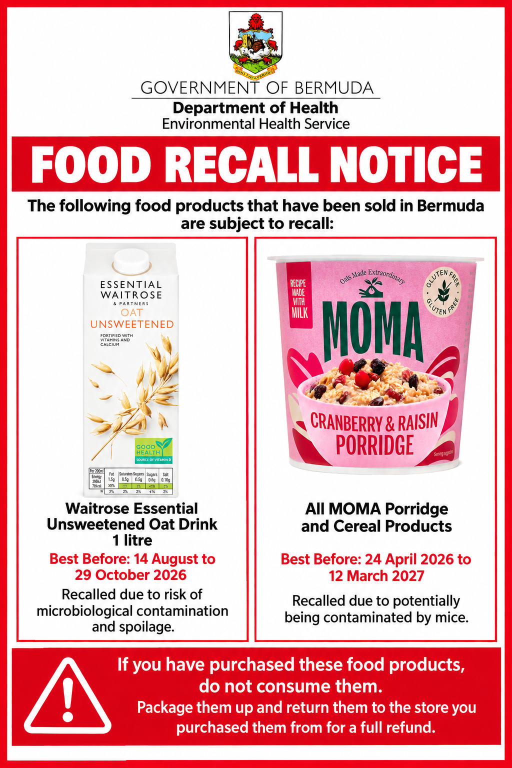 Food Recall Notice: Oat Drink and Cereal Products Removed from Sale Due to Contamination Risks